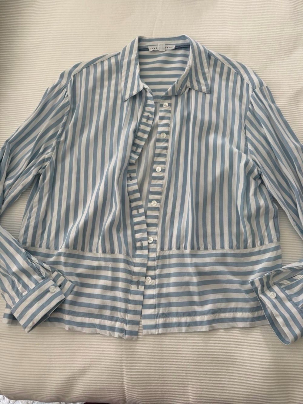 Blue and white striped button up blouse